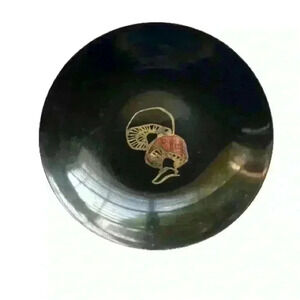VTG MCM Couroc‎ Plate Mushrooms Round Inlaid Wood Brass Boho Monterey, CA  7.75”